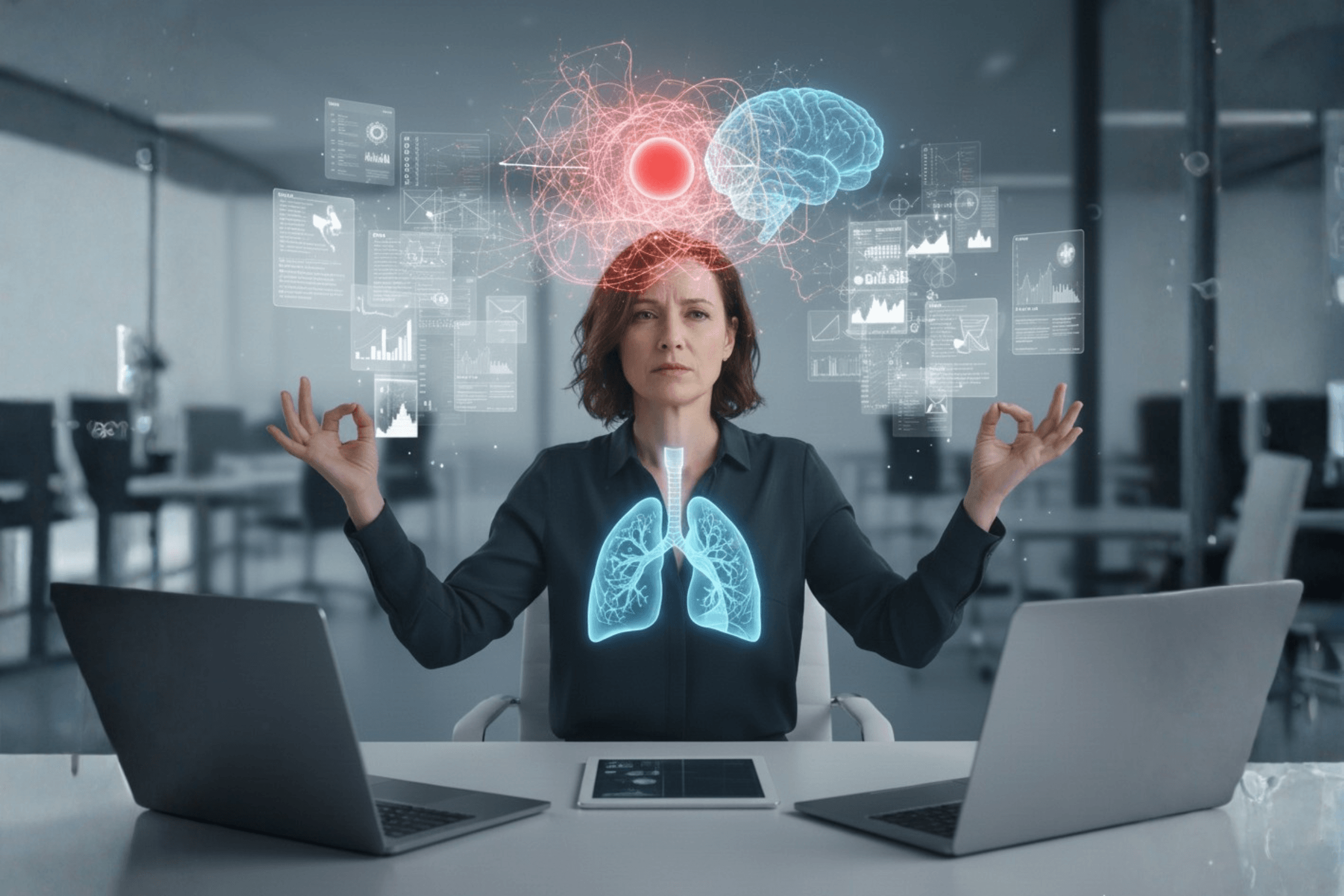 Femme-regulation-du-stress Photo montrant une femme active, en surcharge mentale, tentant de faire face aux défis