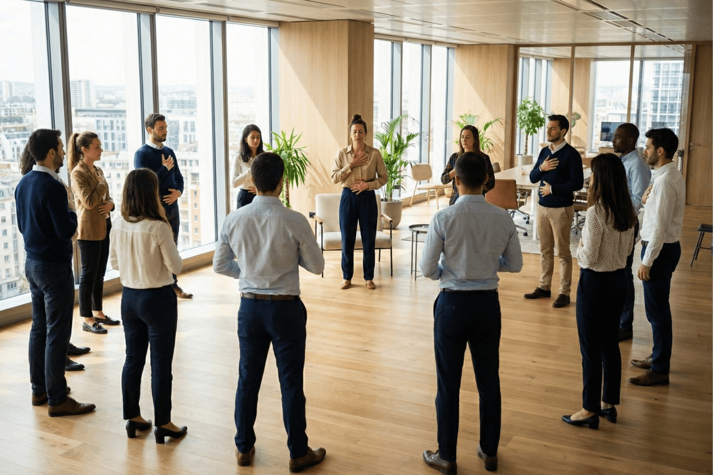 Un groupe de collaborateurs en cercle pratiquant un exercice de respiration lors d'un atelier collectif de régulation du stress en entreprise.
