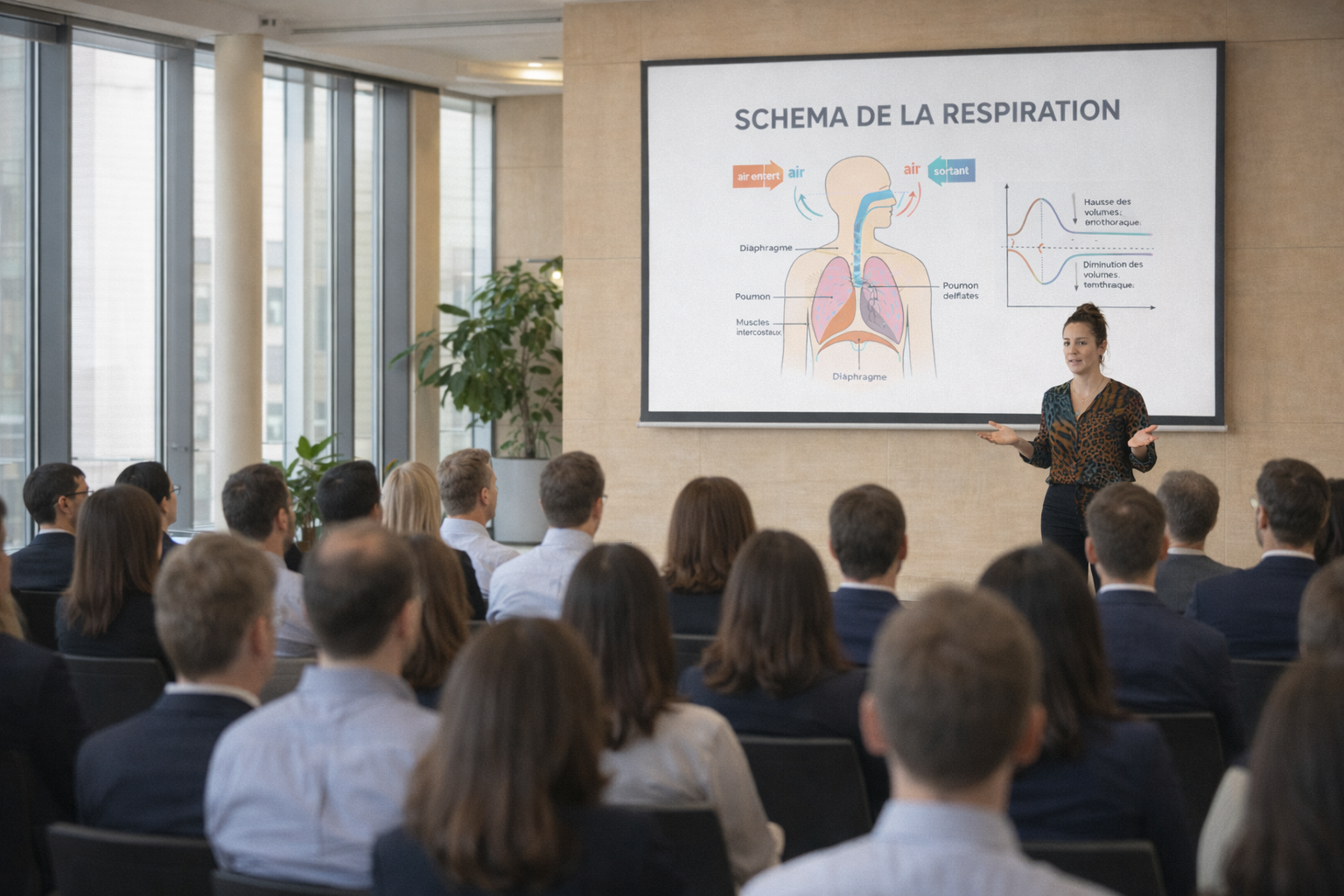 conference-entreprise-respiration-gestion-du-stress Aurélie Bousset animant une conférence en entreprise sur la physiologie de la respiration, un outil fondamental pour la gestion du stress.