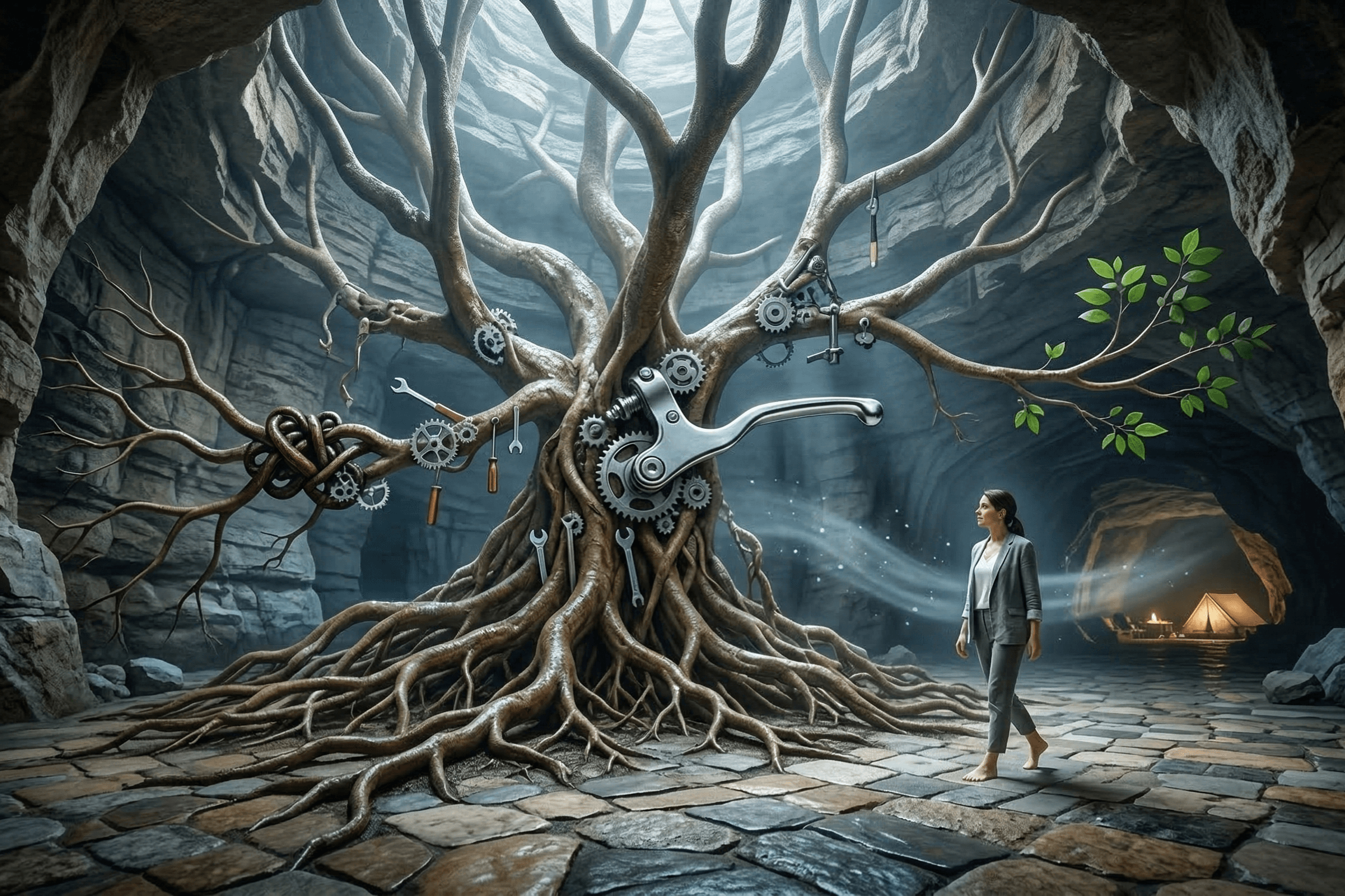 Illustration conceptuelle et réaliste de la régulation du système nerveux : une structure de racines d'arbre intégrant des mécanismes de freinage et des feuilles vertes, symbolisant le passage du stress à la vitalité durable.