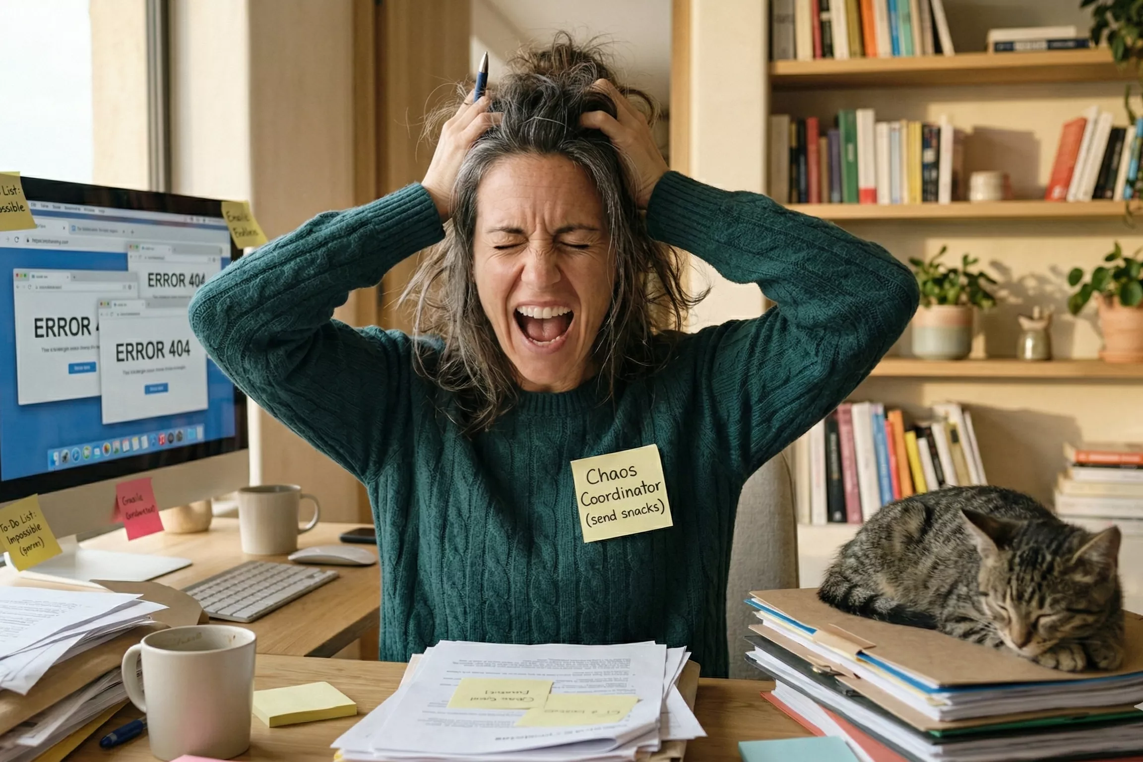 Femme débordée à son bureau, illustrant la surcharge du système nerveux et l'entrée en zone rouge.
