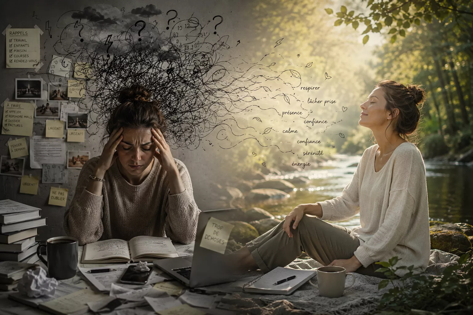 Femme ressentant beaucoup de fatigue malgré le repos, avec un mental surchargé représenté par des gribouillis qui se dissipent progressivement, illustrant le retour au calme et à la récupération.
