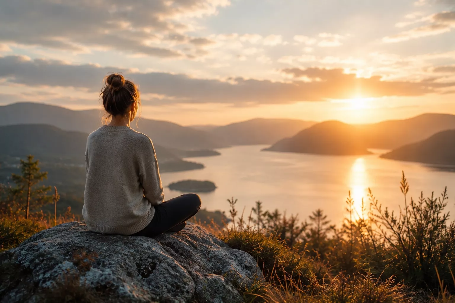 Personne assise face à un paysage au coucher du soleil illustrant les signes d'un système nerveux dérégulé et le retour progressif au calme.